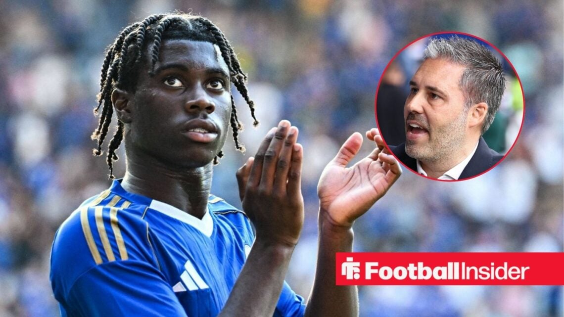 Jeremy Monga applauding at Leicester City, with Marti Cifuentes in a circular inset