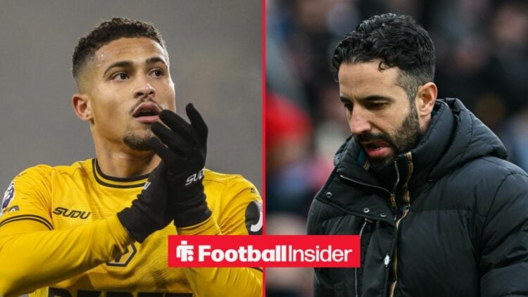 Joao Gomes applauding at Wolves, with Ruben Amorim in a circular inset