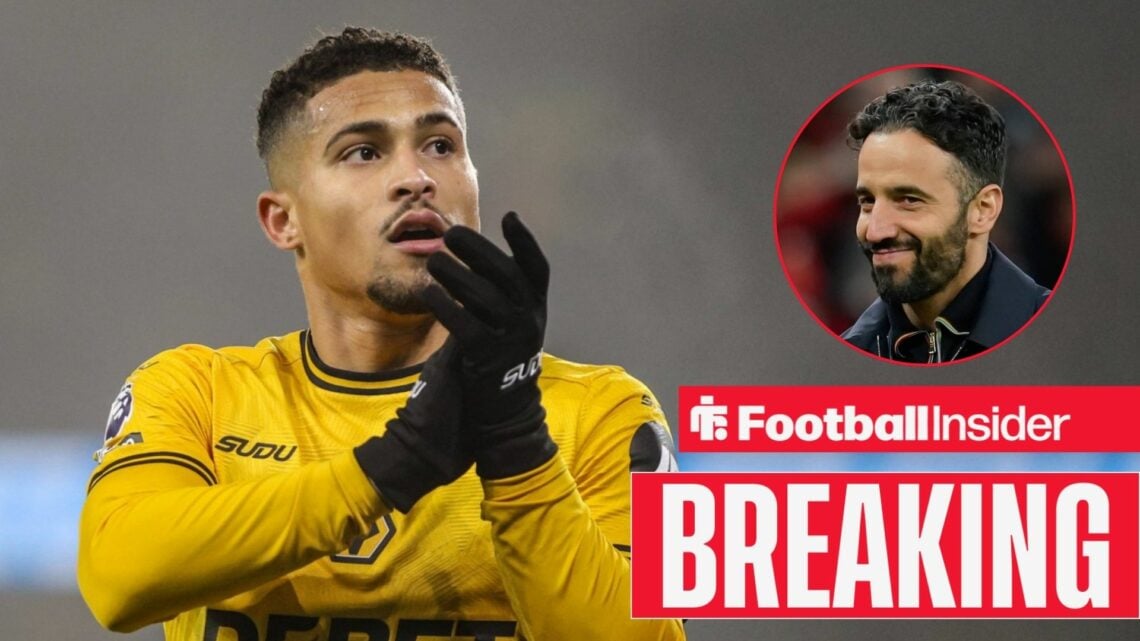 Joao Gomes applauding at Wolves, with Ruben Amorim in a circular inset