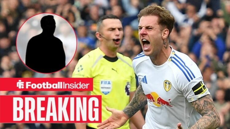 Joe Rodon celebrating for Leeds, Craig Bellamy's silhouette in a circular inset