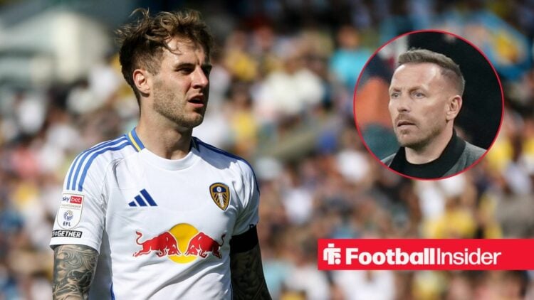 Joe Rodon looking focused on the left for Leeds with Craig Bellamy focused on the right