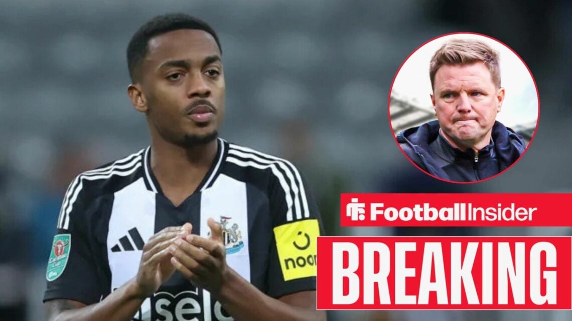 Joe Willock applauding in a Newcastle shirt, with Eddie Howe in a circular inset