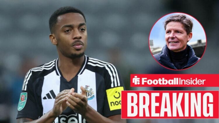 Joe Willock applauding for Newcastle with Oliver Glasner in a circular inset