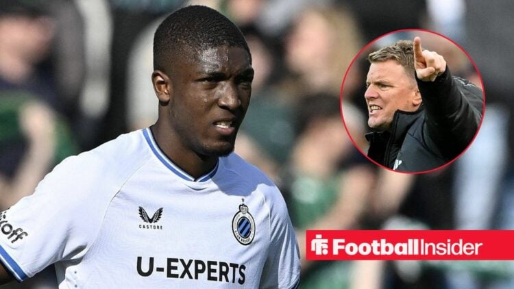 Joel Ordonez looking focused on the left with Eddie Howe animated for Newcastle