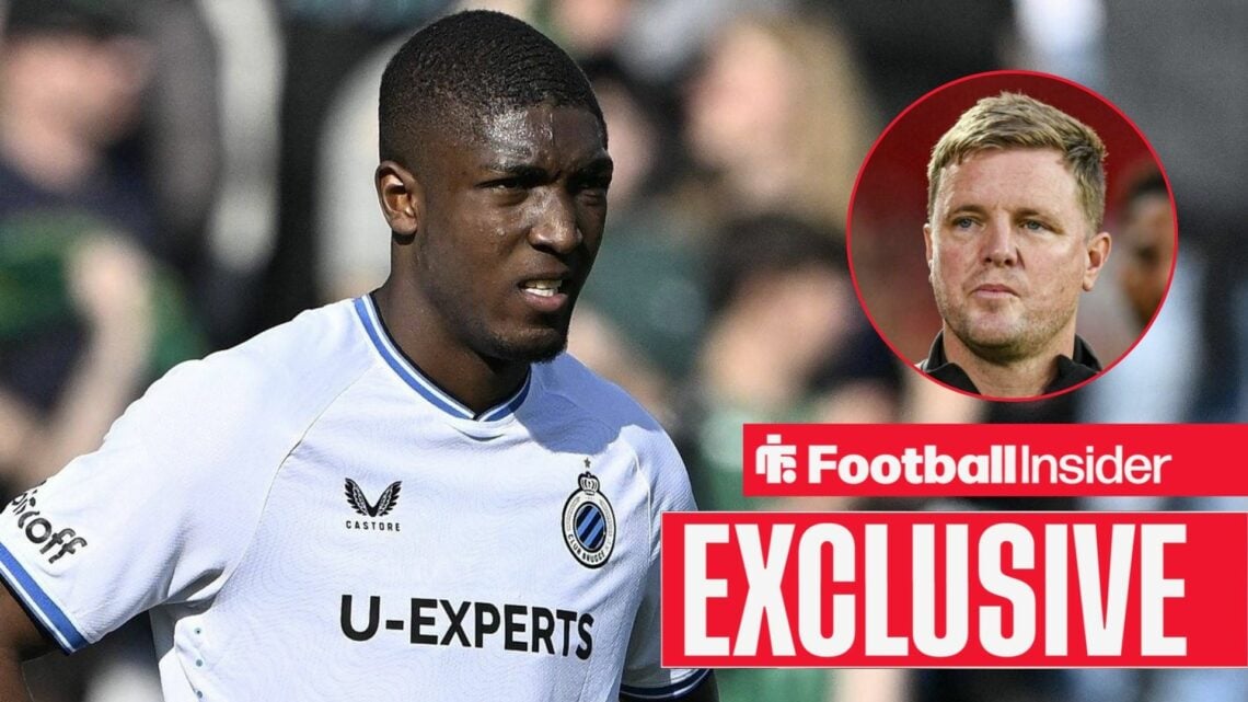 Joel Ordonez looking focused on the left with Eddie Howe serious on the right for Newcastle