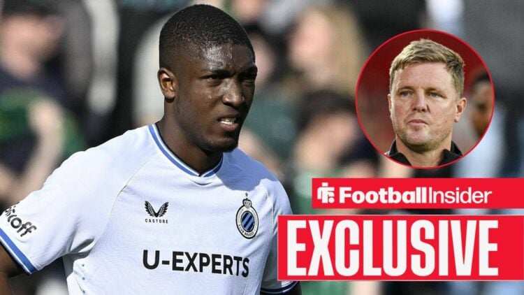 Joel Ordonez looking focused on the left with Eddie Howe serious on the right for Newcastle