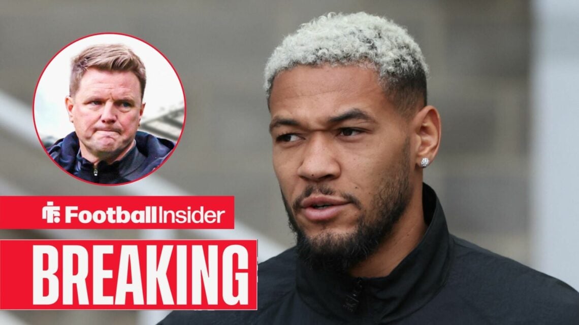 Joelinton pre-match for Newcastle, with Eddie Howe in a circular inset