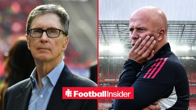 A split image as Liverpool owner John Henry glances across at Arne Slot, who stands with his hand on his face in the rain.