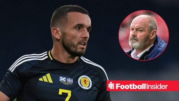 John McGinn looking focused for Scotland on the left with a serious Steve Clarke on the right