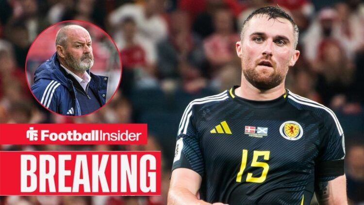 John Souttar playing for Scotland, Steve Clarke in a circular inset