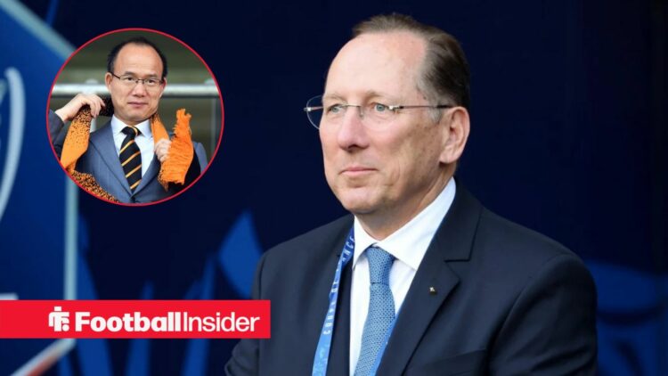 John Textor looking focused with Guo Guangchang included in a circular inset