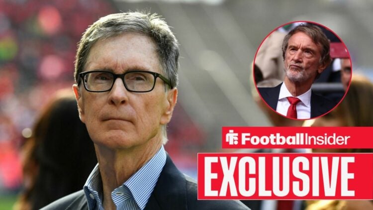 Liverpool owner John W Henry alongside a circular inset of Man United owner Sir Jim Ratcliffe