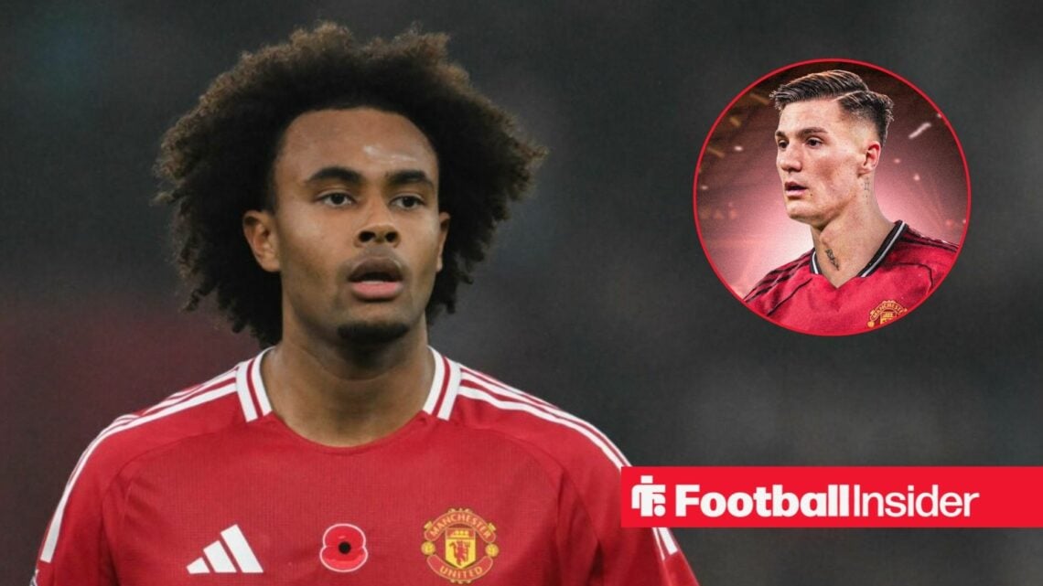 Joshua Zirkzee in action for Man United, with Benjamin Sesko in a circular inset