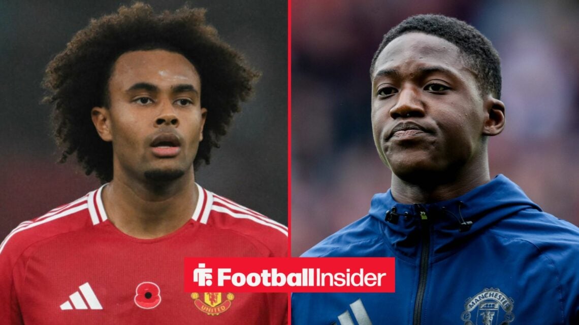 Joshua Zirkzee in action for Man United, with Kobbie Mainoo during a warm-up