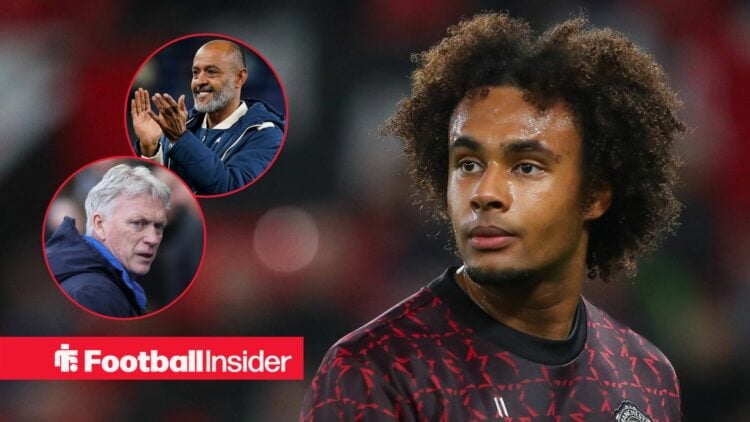 Joshua Zirkzee playing for Man United, Nuno Espirito Santo and David Moyes in circular insets