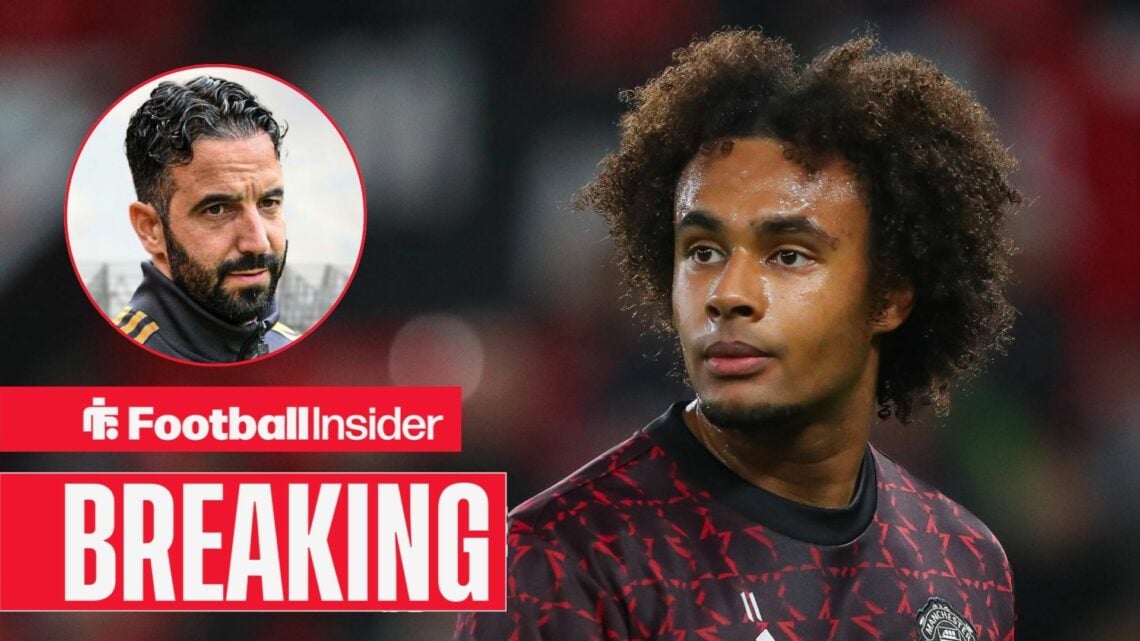 Joshua Zirkzee in a warm-up for Man United, with Ruben Amorim in a circular inset