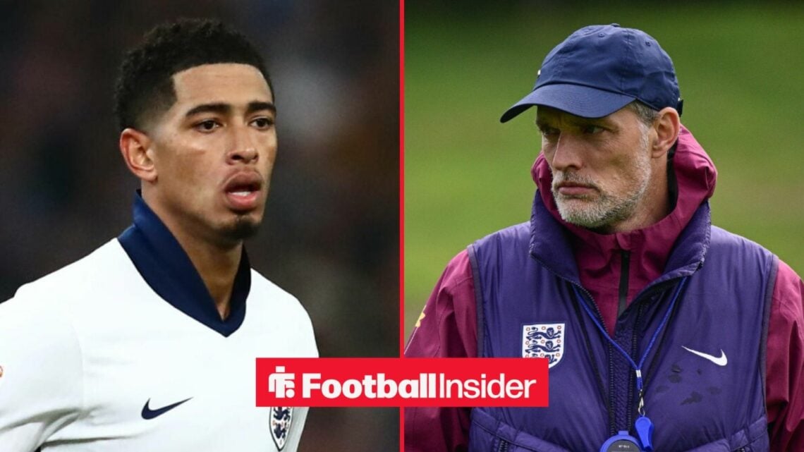 Jude Bellingham in action for England, with Thomas Tuchel on the training pitch