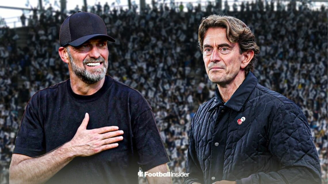 Jurgen Klopp taps his chest as Tottenham manager Thomas Frank watches on with concern.