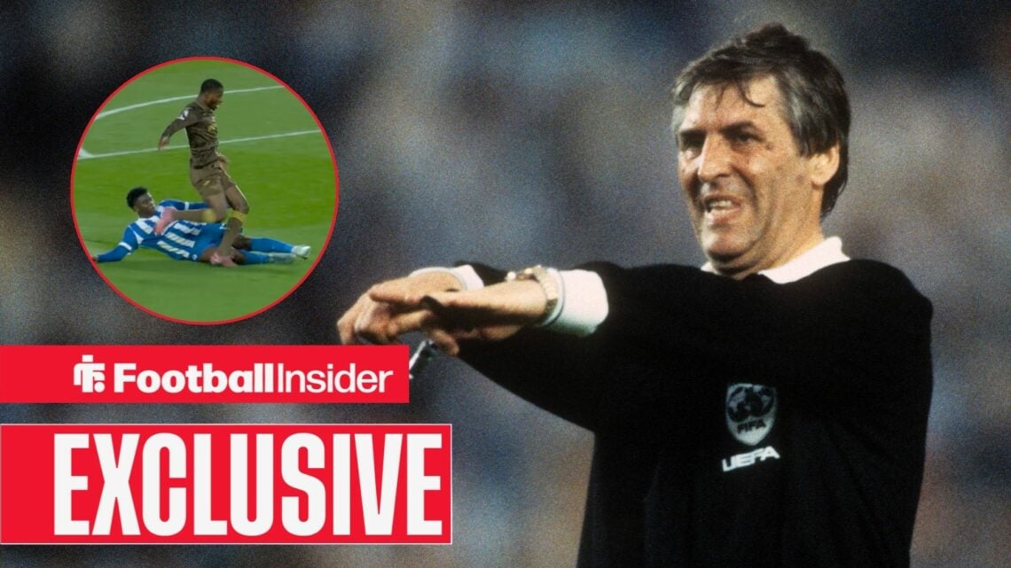 Keith Hackett, former referee, Dango Ouattara diving in a circular inset