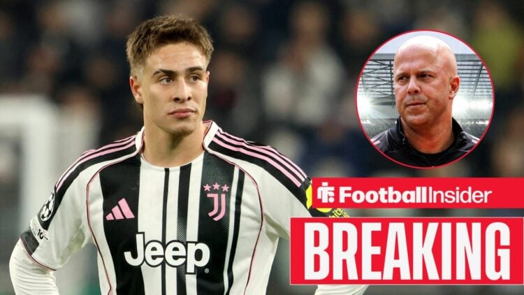 Kenan Yildiz in action for Juventus, with Arne Slot in a circular inset