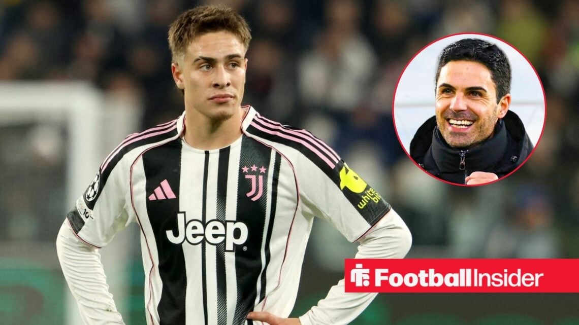 Juventus star Kenan Yildiz stands with his hands on his hips during a game, as Arsenal manager Mikel Arteta grins in a circular inset.