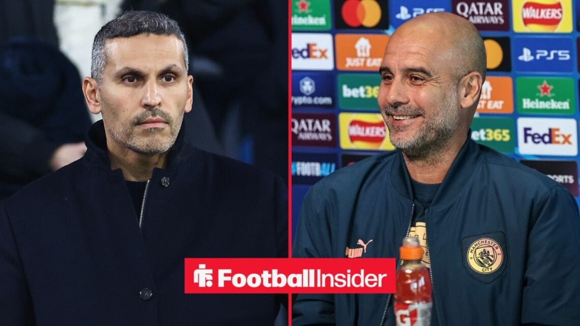Khaldoon Al Mubarak looking concerned alongside Pep Guardiola smiling