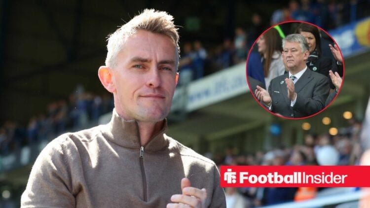 Kieran McKenna on the sidelines at Ipswich, with Peter Lawwell in a circular inset