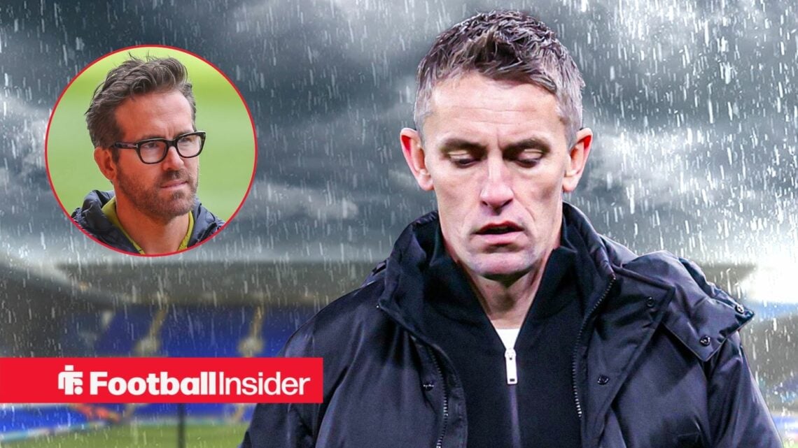 Ipswich Town manager Kieran McKenna stares at the ground as the rain falls, while Wrexham owner Ryan Reynolds watches on from a circular inset.