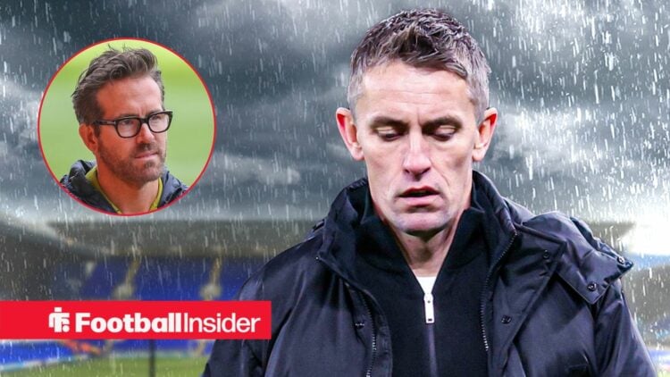 Ipswich Town manager Kieran McKenna stares at the ground as the rain falls, while Wrexham owner Ryan Reynolds watches on from a circular inset.