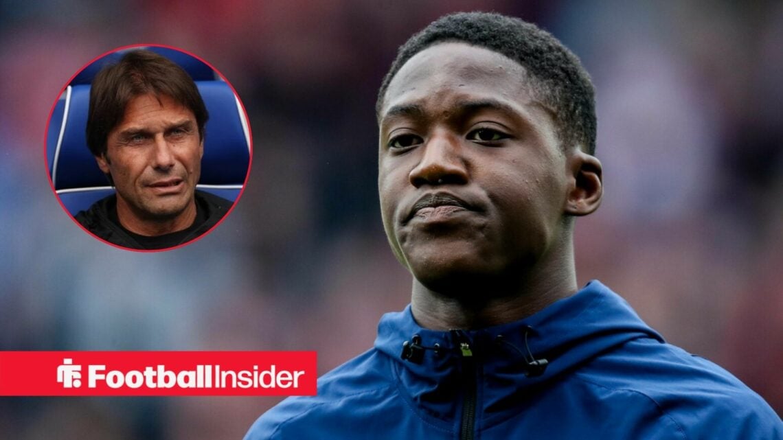 Manchester United star Kobbie Mainoo stands ahead of a game, as Napoli manager Antonio Conte watches on from a circular inset.