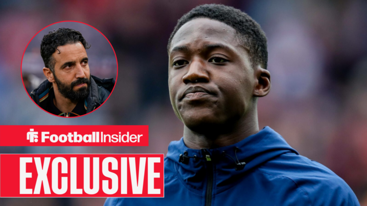 Man United midfielder Kobbie Mainoo alongside a circular inset of Ruben Amorim