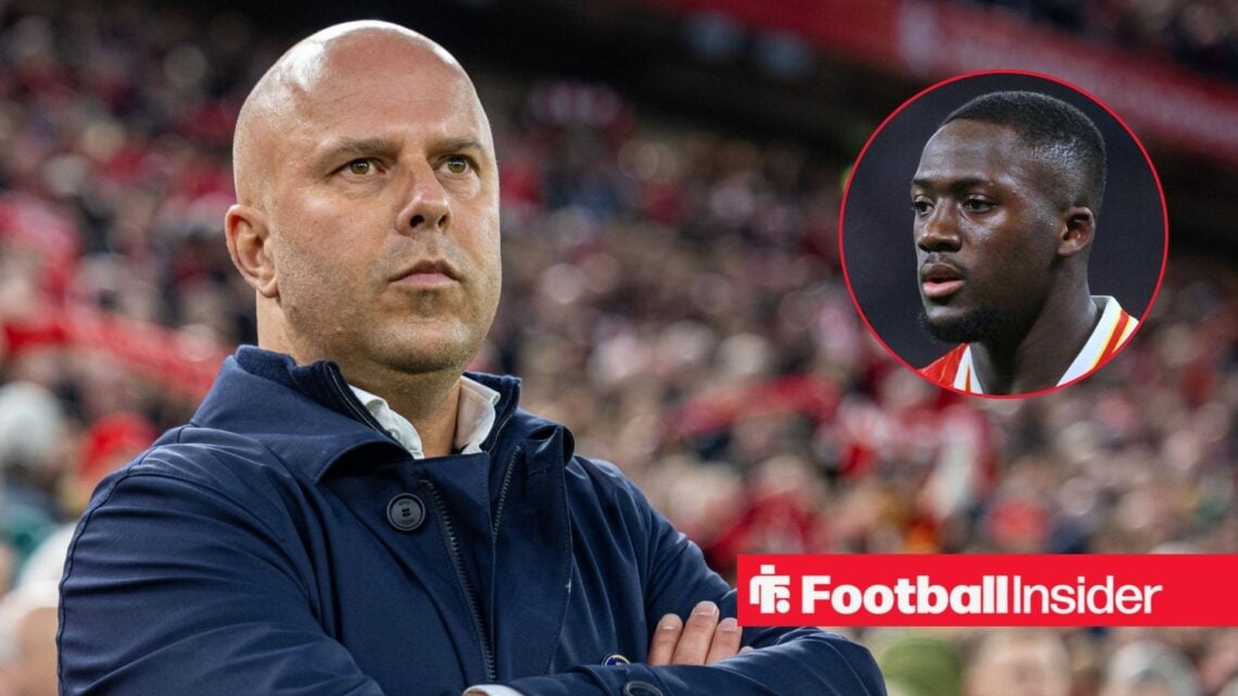 Arne Slot next to a circular inset of Ibrahima Konate