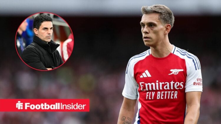 Leandro Trossard playing for Arsenal, Mikel Arteta in a circular inset