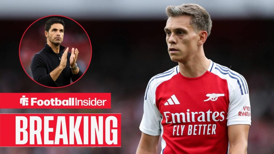 Leandro Trossard playing for Arsenal, Mikel Arteta in a circular inset