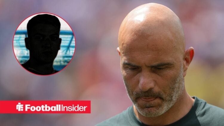 Liam Delap in darkness on the left with Enzo Maresca looking sad for Chelsea on the right