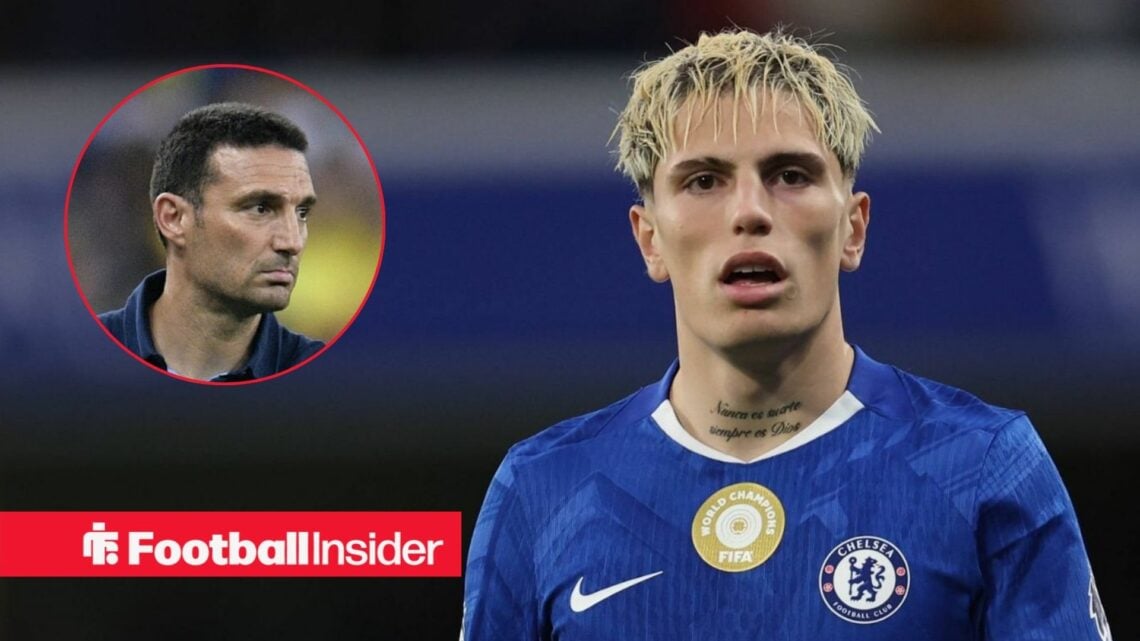 Lionel Scaloni looking serious on the left with Alejandro Garnacho focused on the right