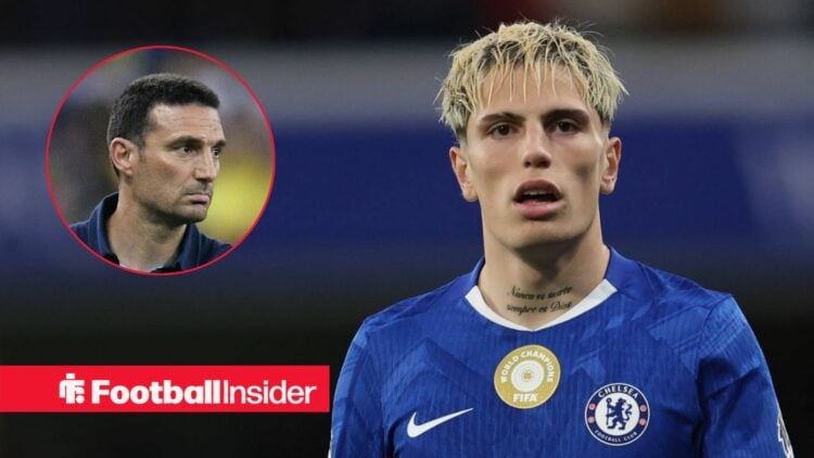 Lionel Scaloni looking serious on the left with Alejandro Garnacho focused on the right