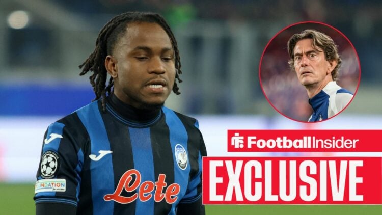 Ademola Lookman next to a circular inset of Thomas Frank