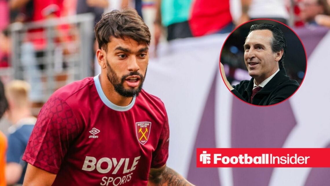 Lucas Paqueta in action for West Ham, with Unai Emery in a circular inset