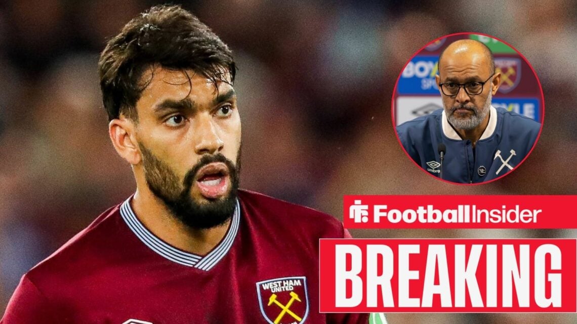 Breaking news as West Ham star Lucas Paqueta stares towards a circular inset, where Nuno Espirito Santo sits in a press conference.