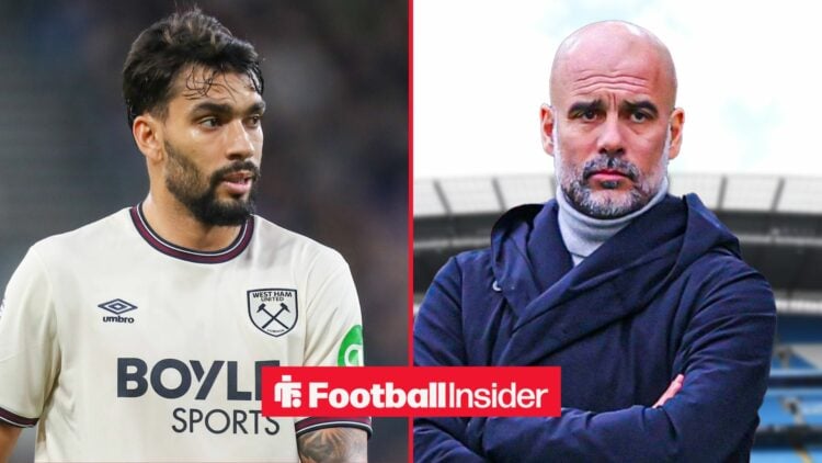 Lucas Paqueta in a West Ham shirt alongside Pep Guardiola with his arms folded