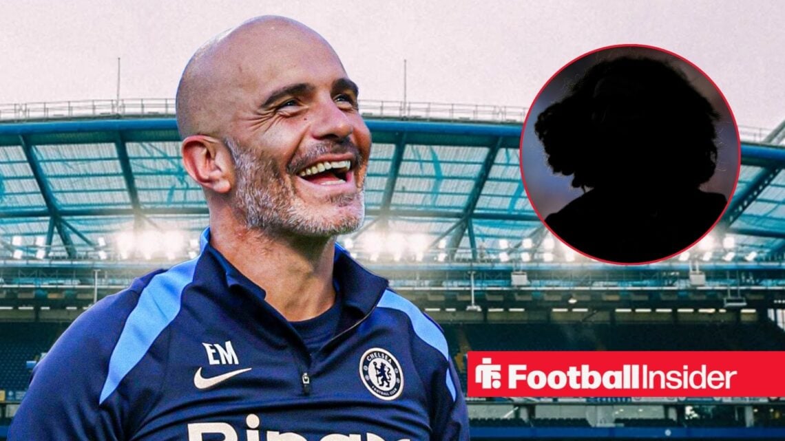 Enzo Maresca smiling on the left with Marc Cucurella' silhouette on the right for Chelsea