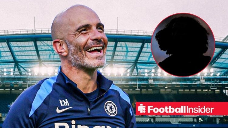 Enzo Maresca smiling on the left with Marc Cucurella' silhouette on the right for Chelsea