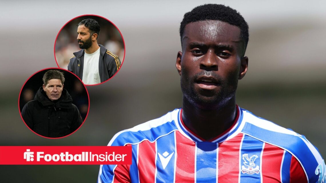 Marc Guehi playing for Crystal Palace, Oliver Glasner and Ruben Amorim in circular insets