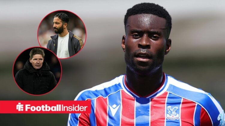 Marc Guehi playing for Crystal Palace, Oliver Glasner and Ruben Amorim in circular insets