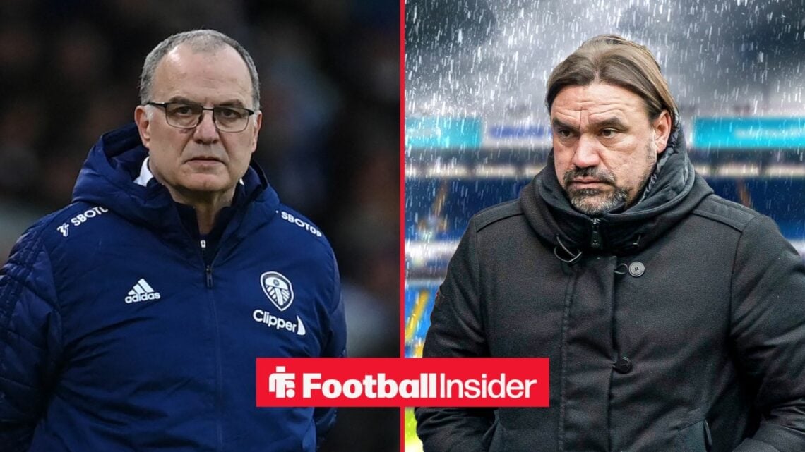 Marcelo Bielsa features on one side of a split image, as Leeds United manager Daniel Farke stands in the rain on the right side.
