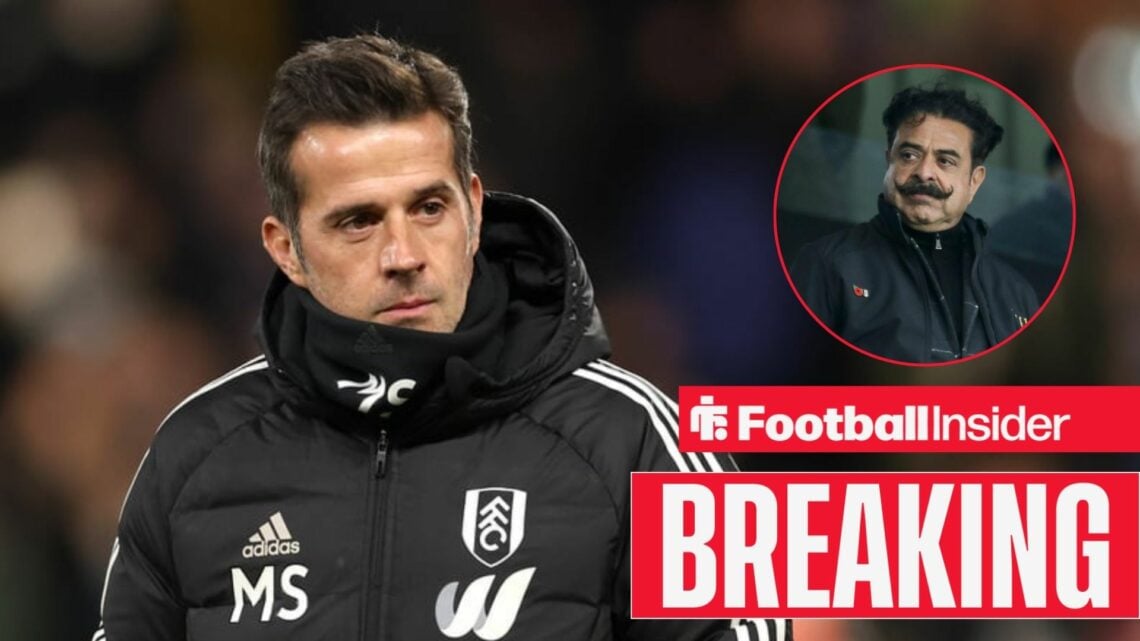 Marco Silva on the sidelines for Fulham, with Shahid Khan in a circular inset