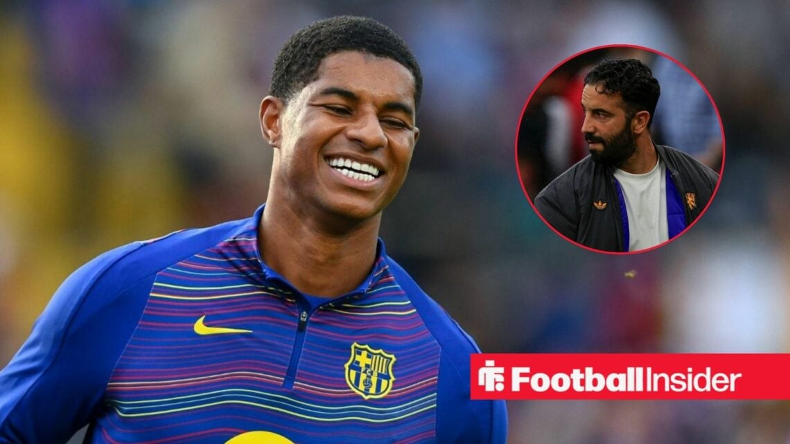 Marcus Rashford in a Barcelona training jacket with Ruben Amorim included in a circular inset