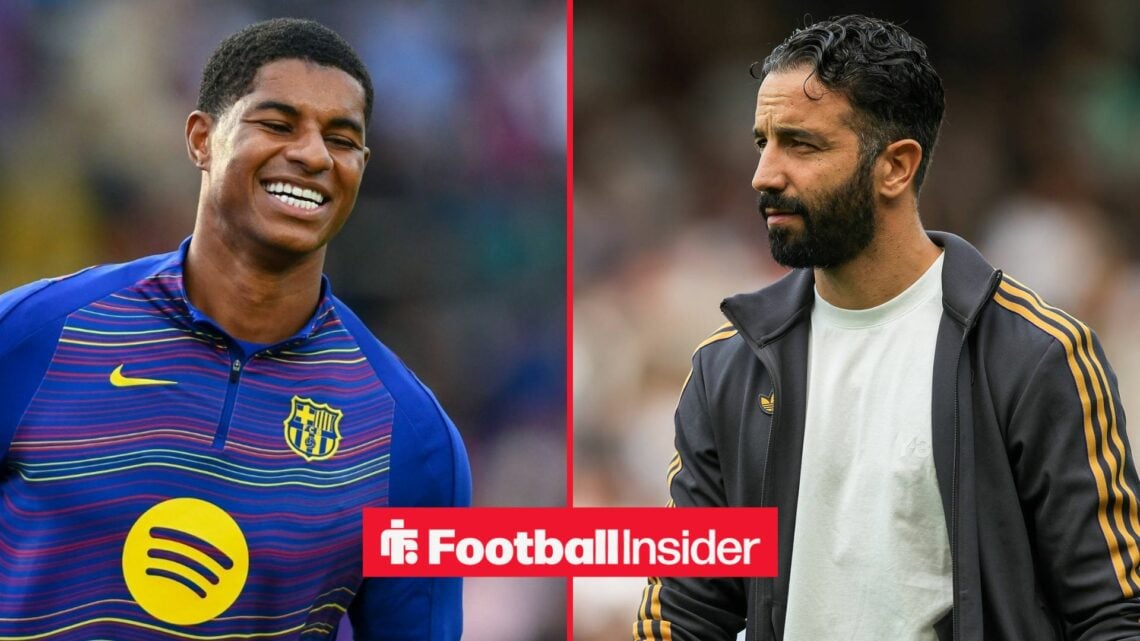 Marcus Rashford in a Barcelona training jacket alongside Ruben Amorim looking serious