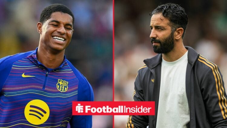 Marcus Rashford in a Barcelona training jacket alongside Ruben Amorim looking serious